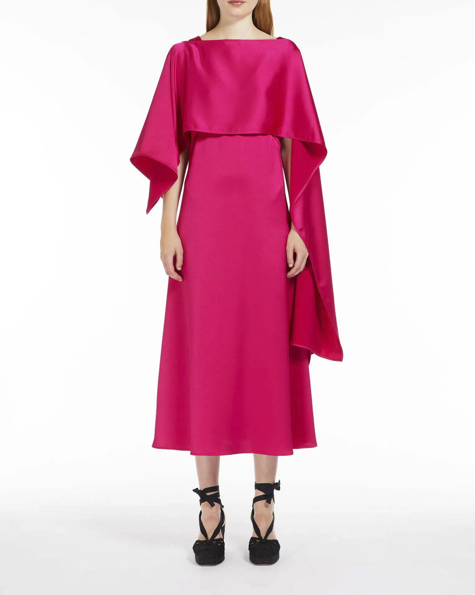 Abito midi fucsia senza maniche in tessuto effetto raso con scollo a V e coprispalle dritto