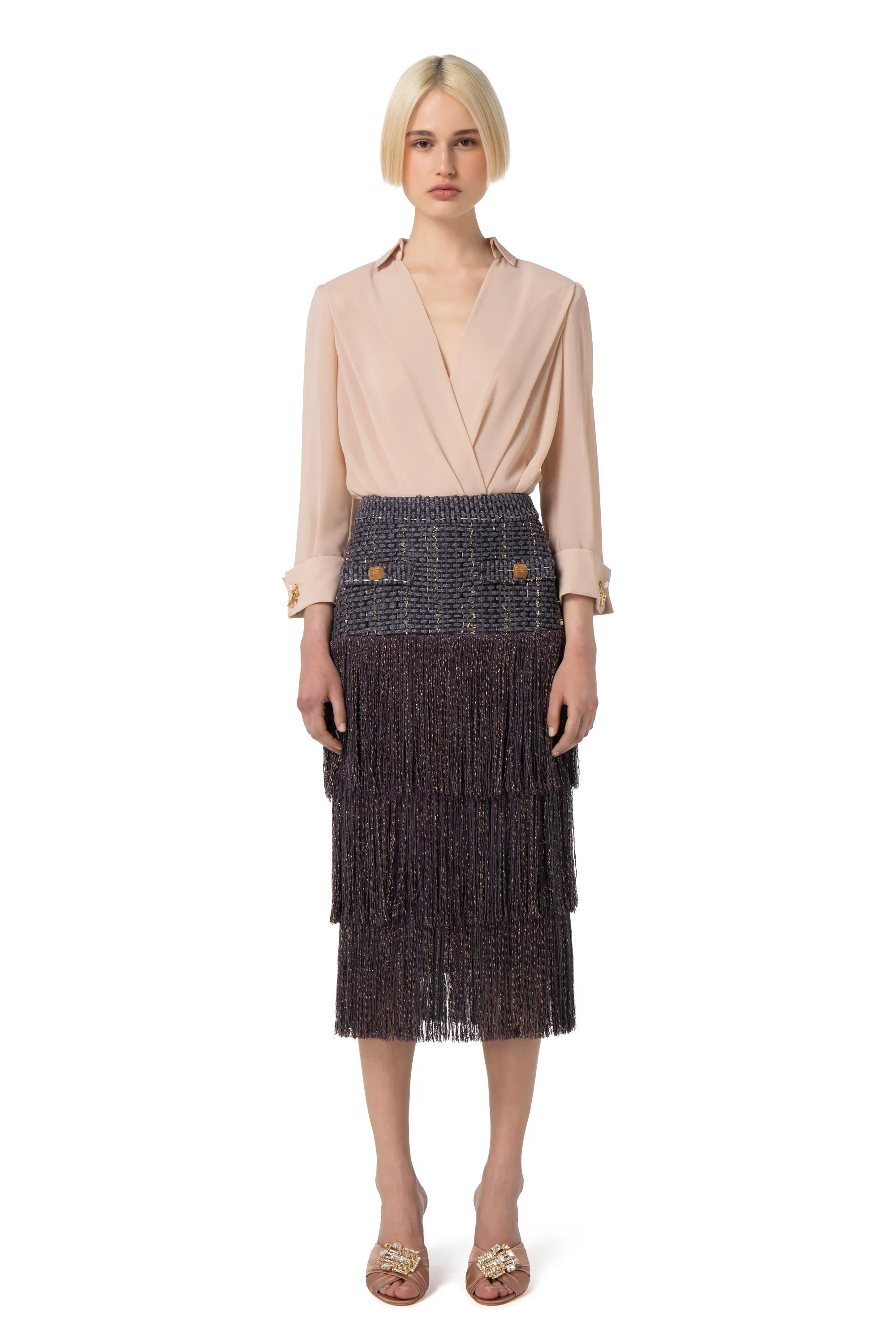 Camicia body in georgette con gemelli a perla