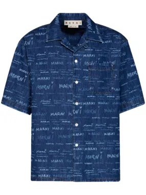 Camicia in denim blu con motivo Mega Marni