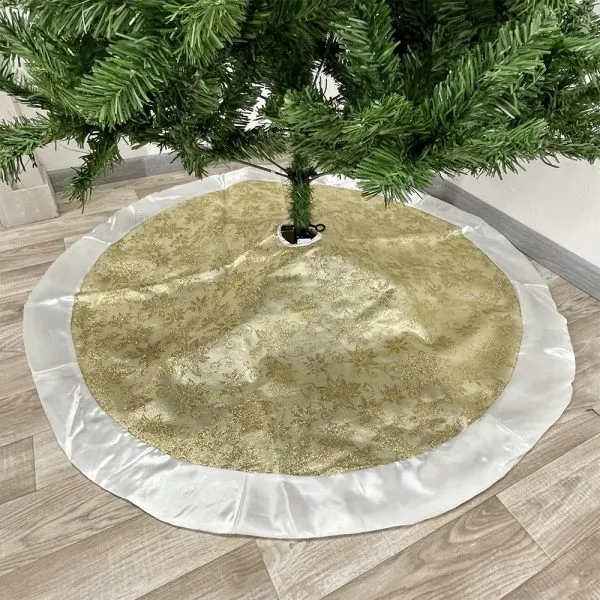 Copribase in Tessuto Oro con Glitter Dorati con Bordo Bianco – Ø 120 cm