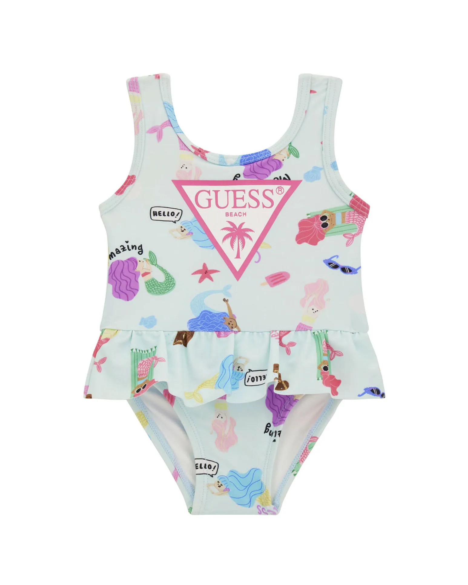 Costume intero verde acqua in tessuto stretch con balza e stampa sirene all-over 9-24 mesi