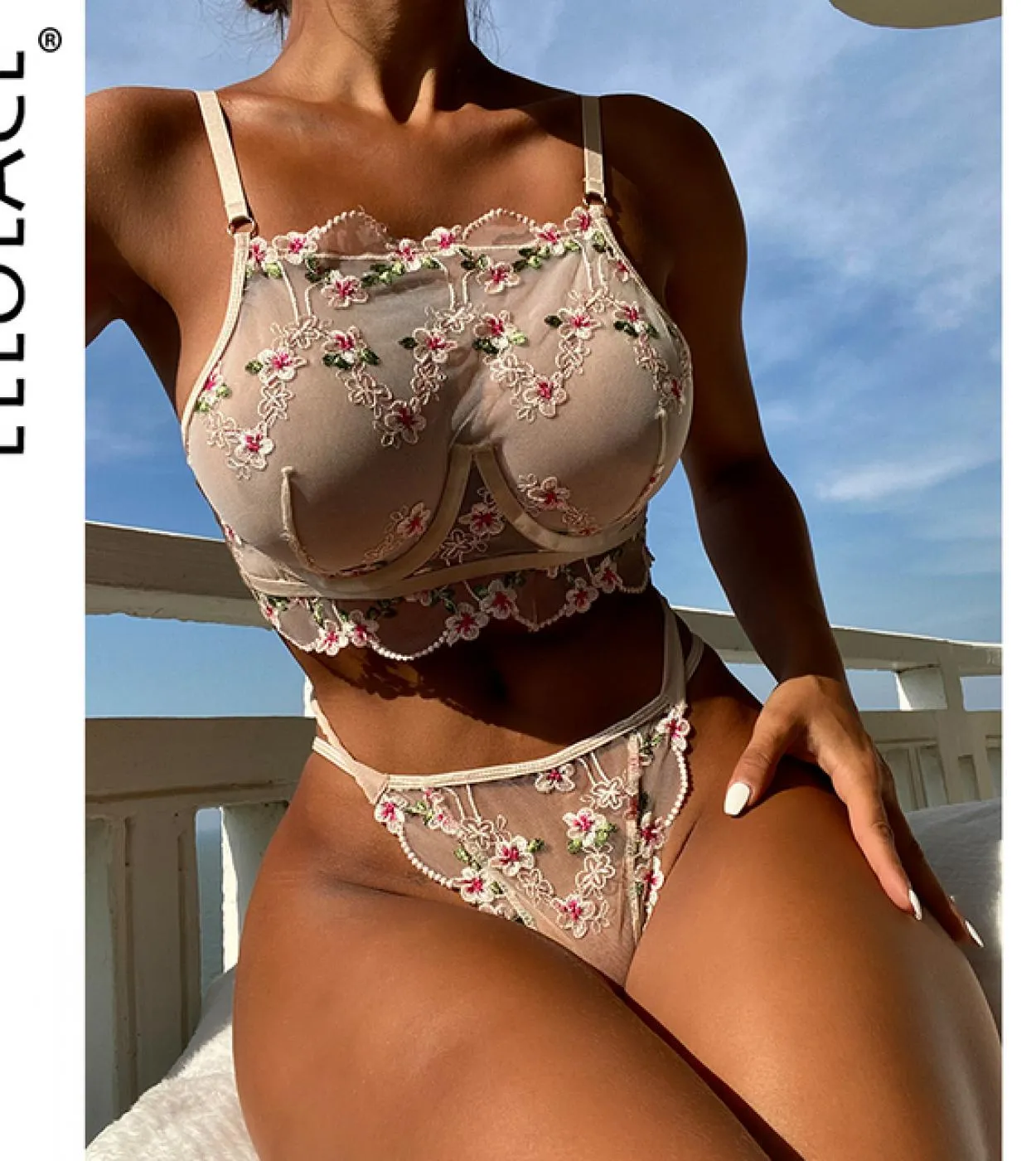 Ellolace Fancy Lingerie Bella biancheria intima di pizzo Ricamo floreale Reggiseno trasparente Set da donna 2 pezzi Sheer Sensua
