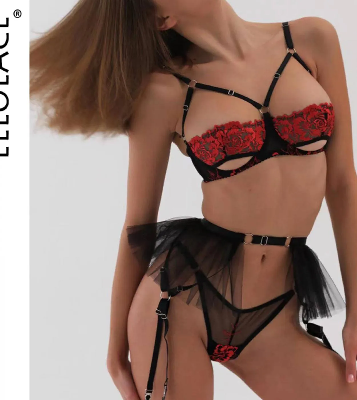 Ellolace Ruffle Lingerie Reggiseno aperto Sissy Ricamo floreale Giarrettiere in pizzo 3 pezzi Amante Senza censura Fantasia Luss
