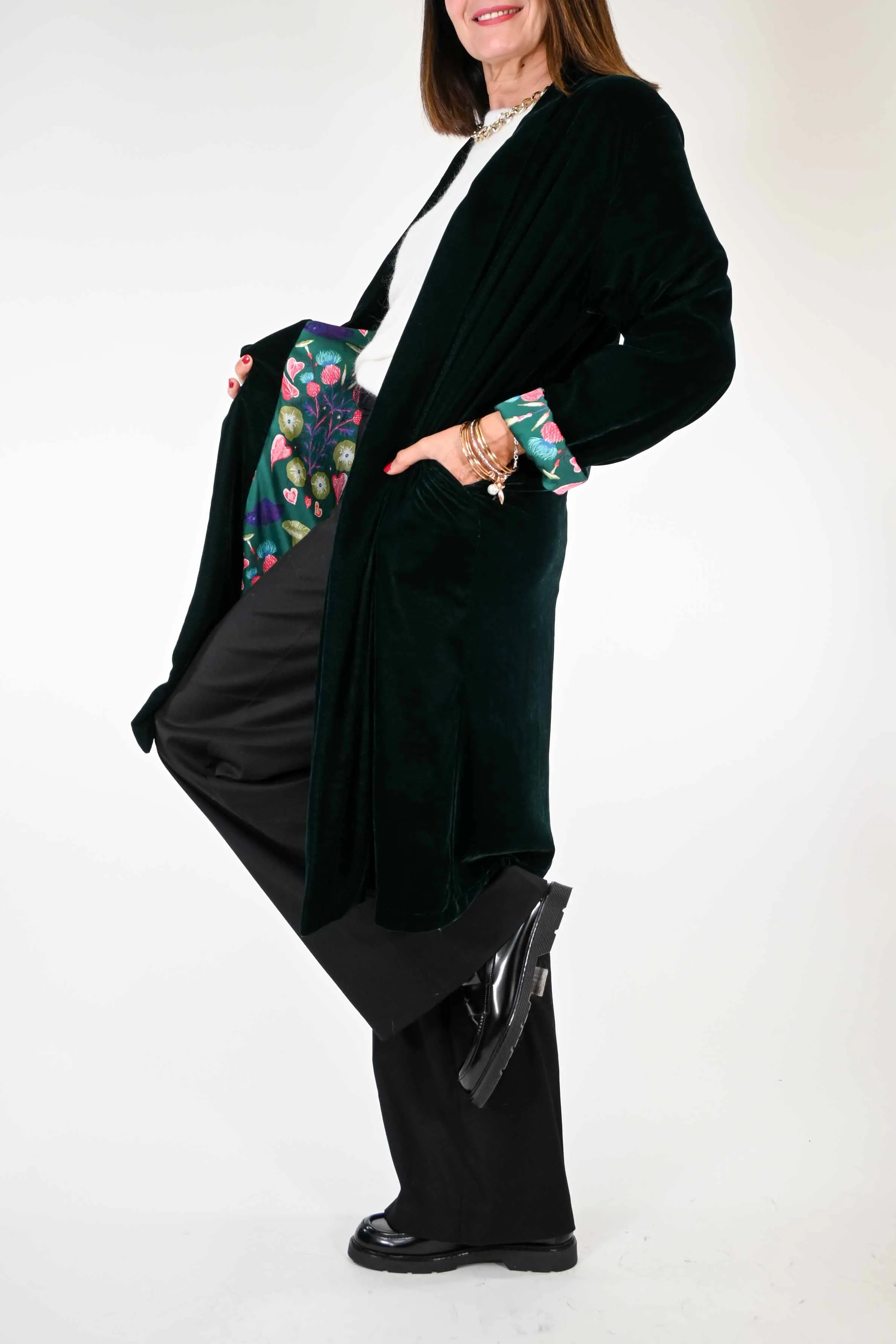 KIMONO LUNGO IN VELLUTO LISCIO COLOR VERDE
