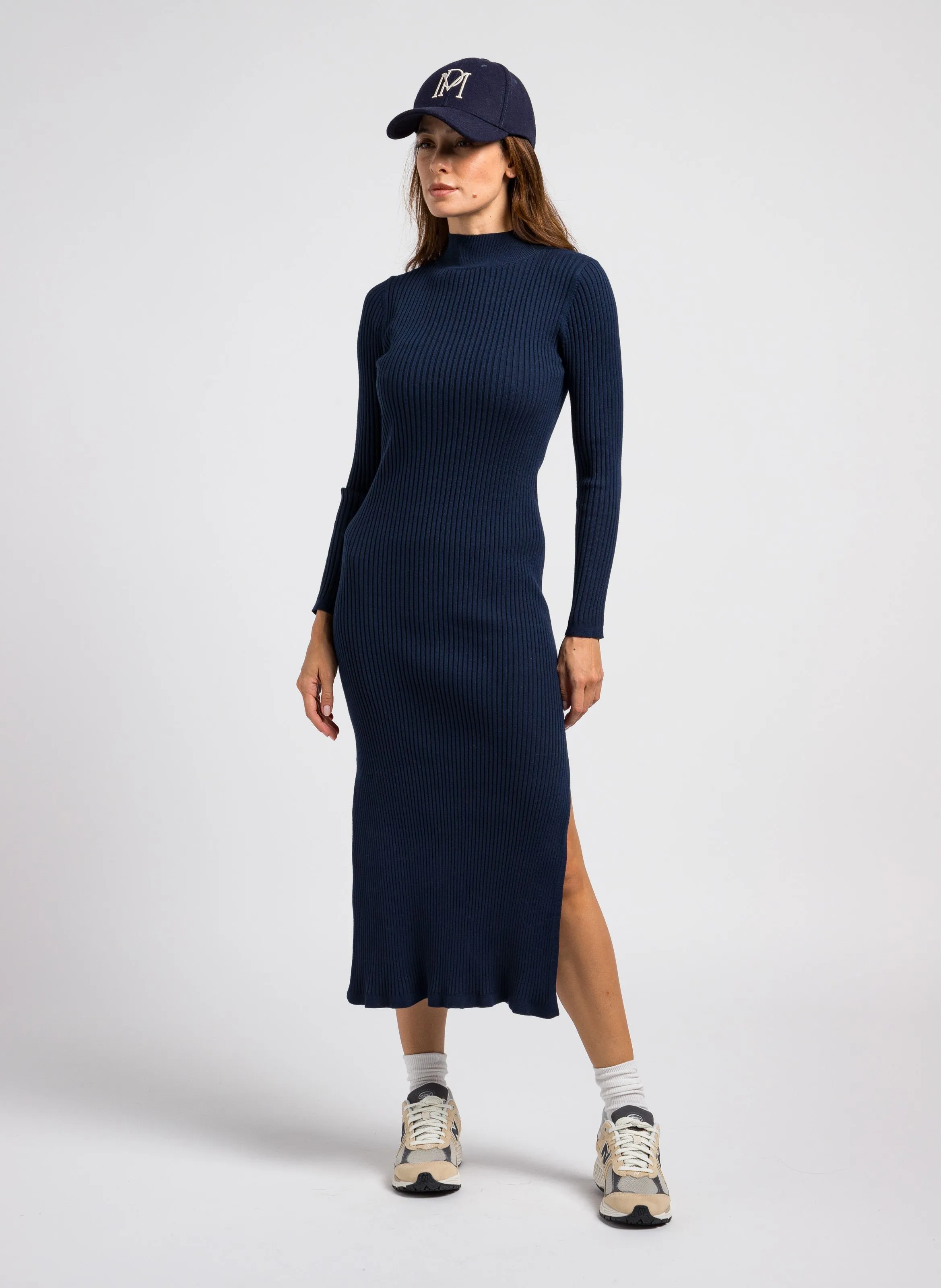  PETITE MENDIGOTE   RAITHA - Abito midi a collo alto in maglia a coste | Blu