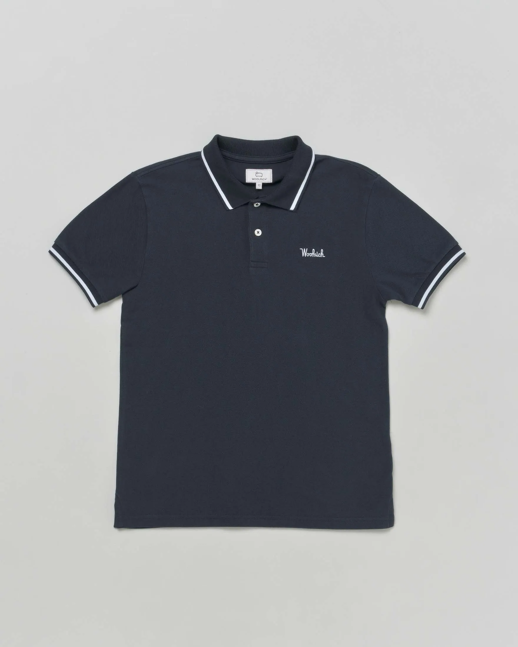 Polo blu in piquet di cotone stretch a maniche corte con bordino bianco 10-16 anni
