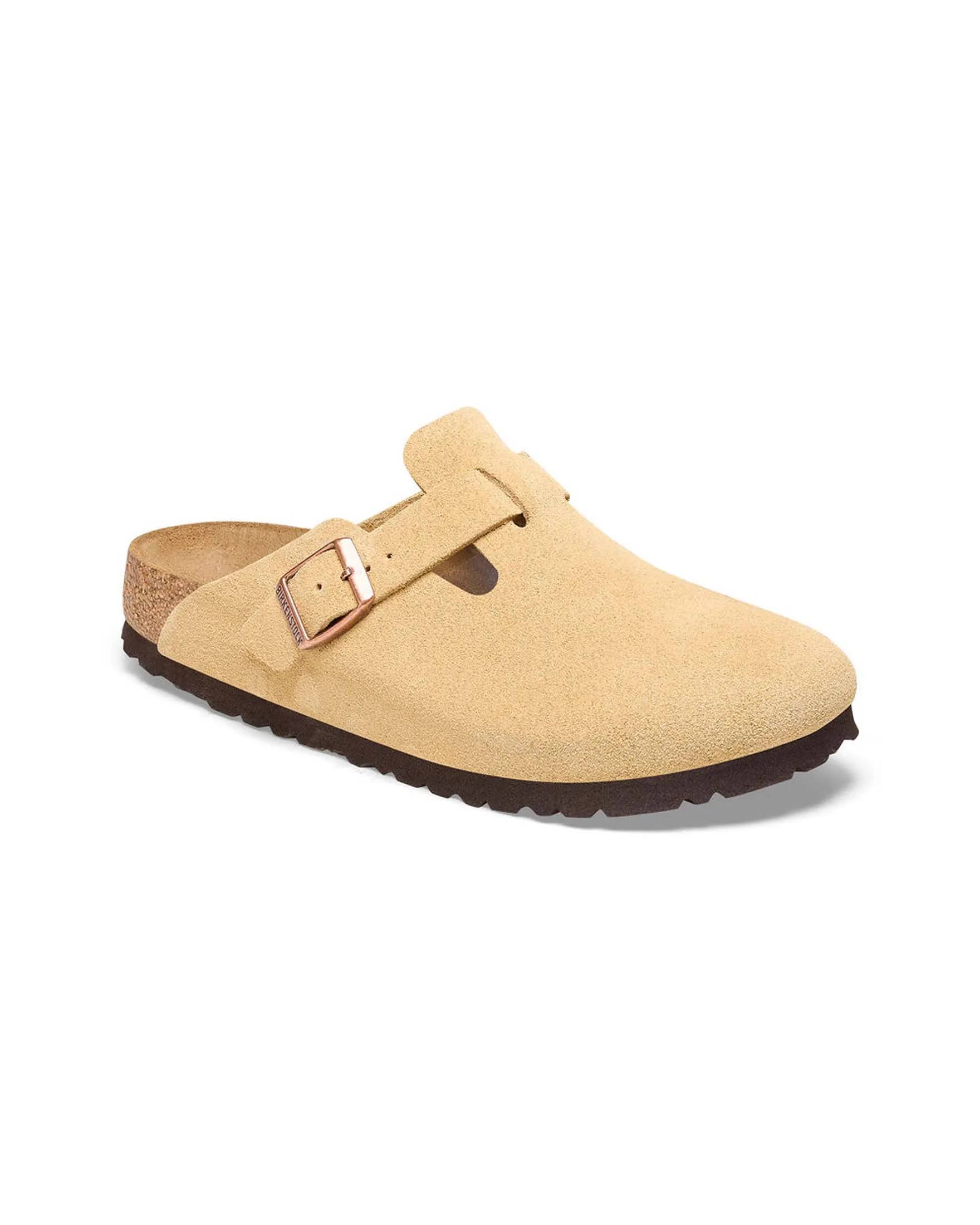Sabot Boston in pelle scamosciata beige con fascetta laterale e fibbia tono su tono con logo