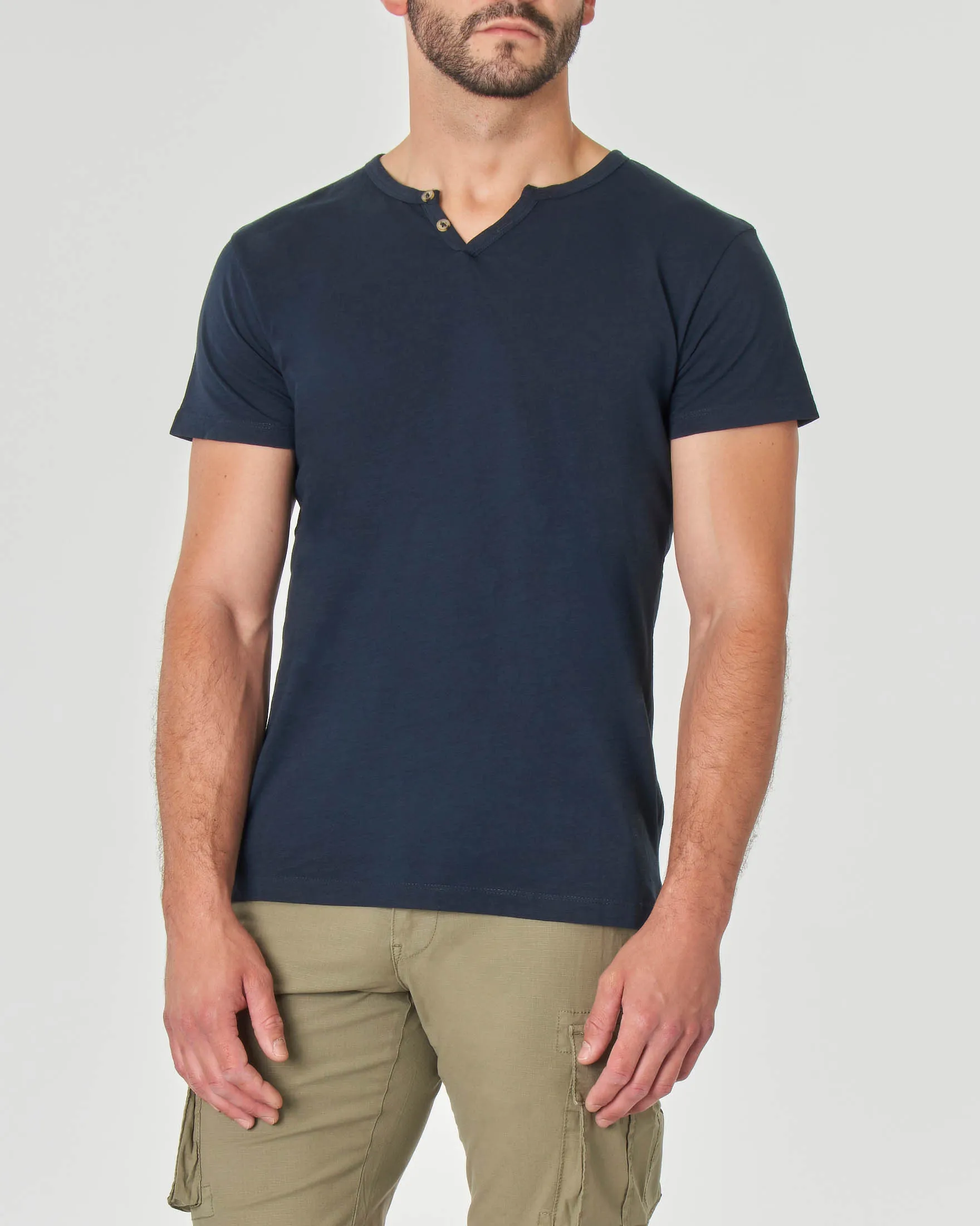 T-shirt serafino blu in tessuto slub di puro cotone